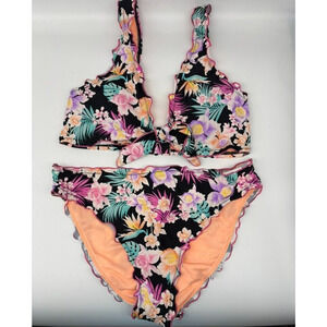 Hobie‎ Swimwear Girls Sz 16 Blue Peach Floral Print Stretch Halter Neck New